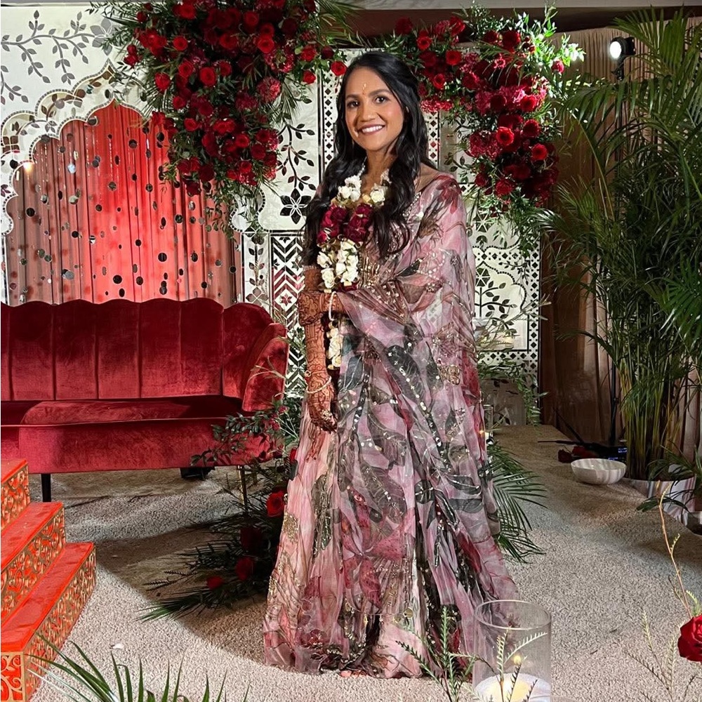 Elegant Pink Red Floral and Gold Embroidered Mahima Mahajan Lehenga - Picture 4 of 7